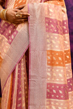 Pure Chanderi Cotton Saree with Woven Buti Motifs – Blush Pink, Peach & Burnt Orange