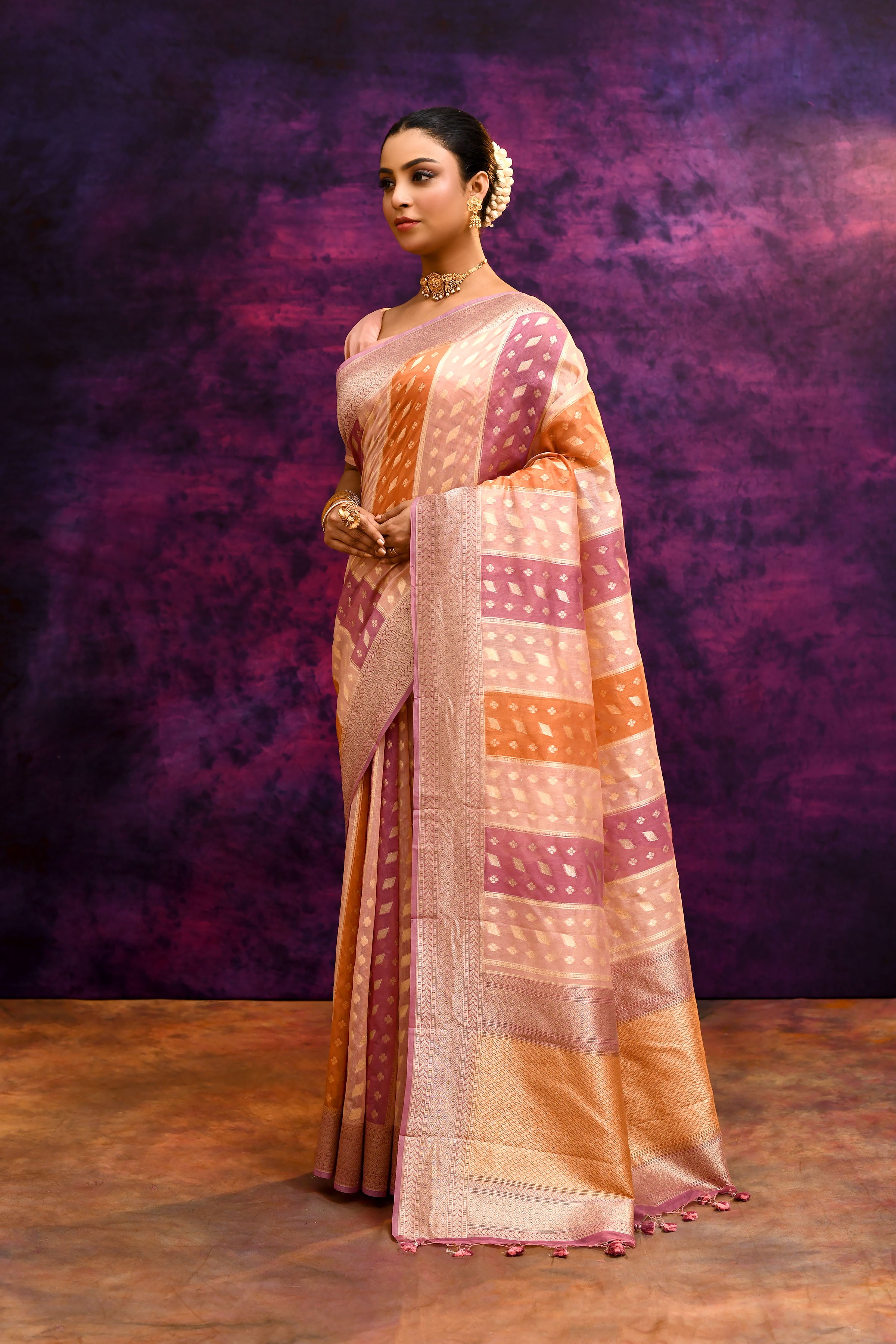 Pure Chanderi Cotton Saree with Woven Buti Motifs – Blush Pink, Peach & Burnt Orange