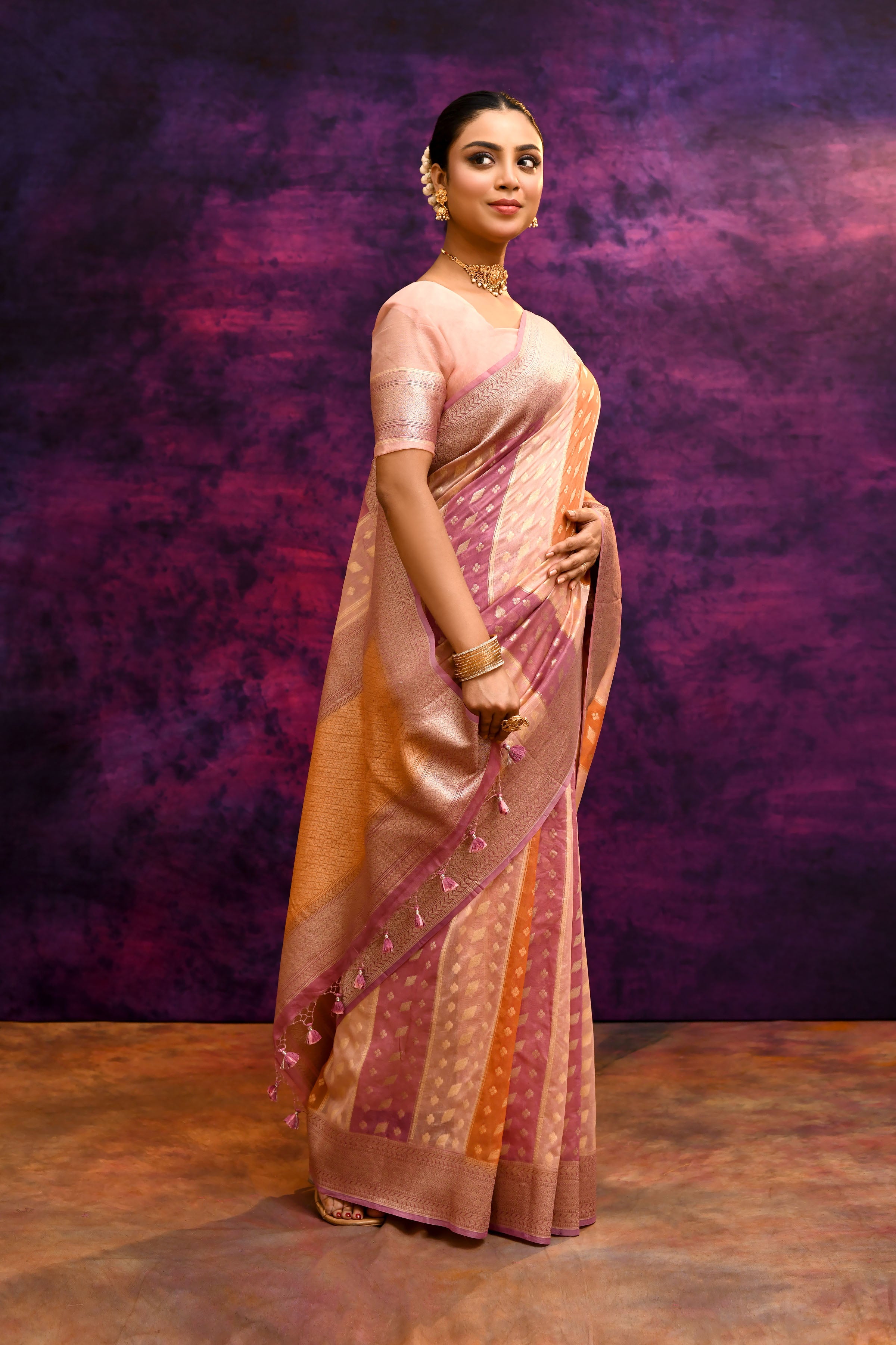 Pure Chanderi Cotton Saree with Woven Buti Motifs – Blush Pink, Peach & Burnt Orange