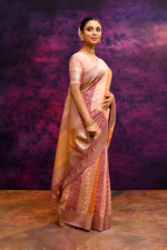 Pure Chanderi Cotton Saree with Woven Buti Motifs – Blush Pink, Peach & Burnt Orange