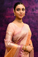 Pure Chanderi Cotton Saree with Woven Buti Motifs – Blush Pink, Peach & Burnt Orange