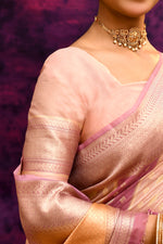 Pure Chanderi Cotton Saree with Woven Buti Motifs – Blush Pink, Peach & Burnt Orange