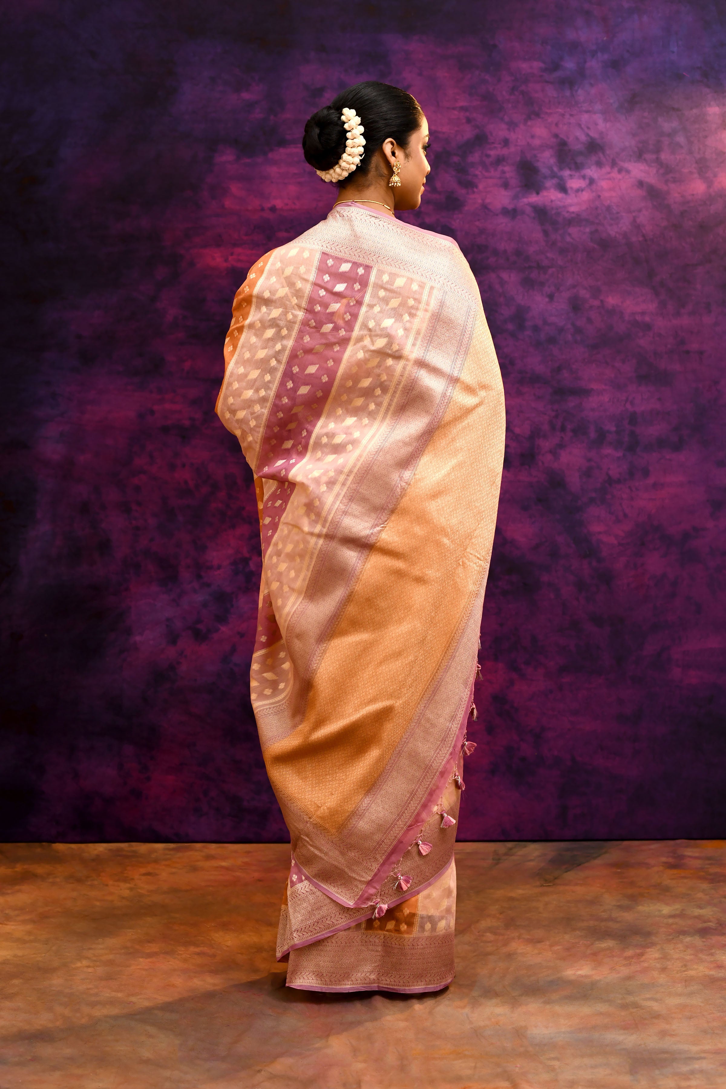 Pure Chanderi Cotton Saree with Woven Buti Motifs – Blush Pink, Peach & Burnt Orange