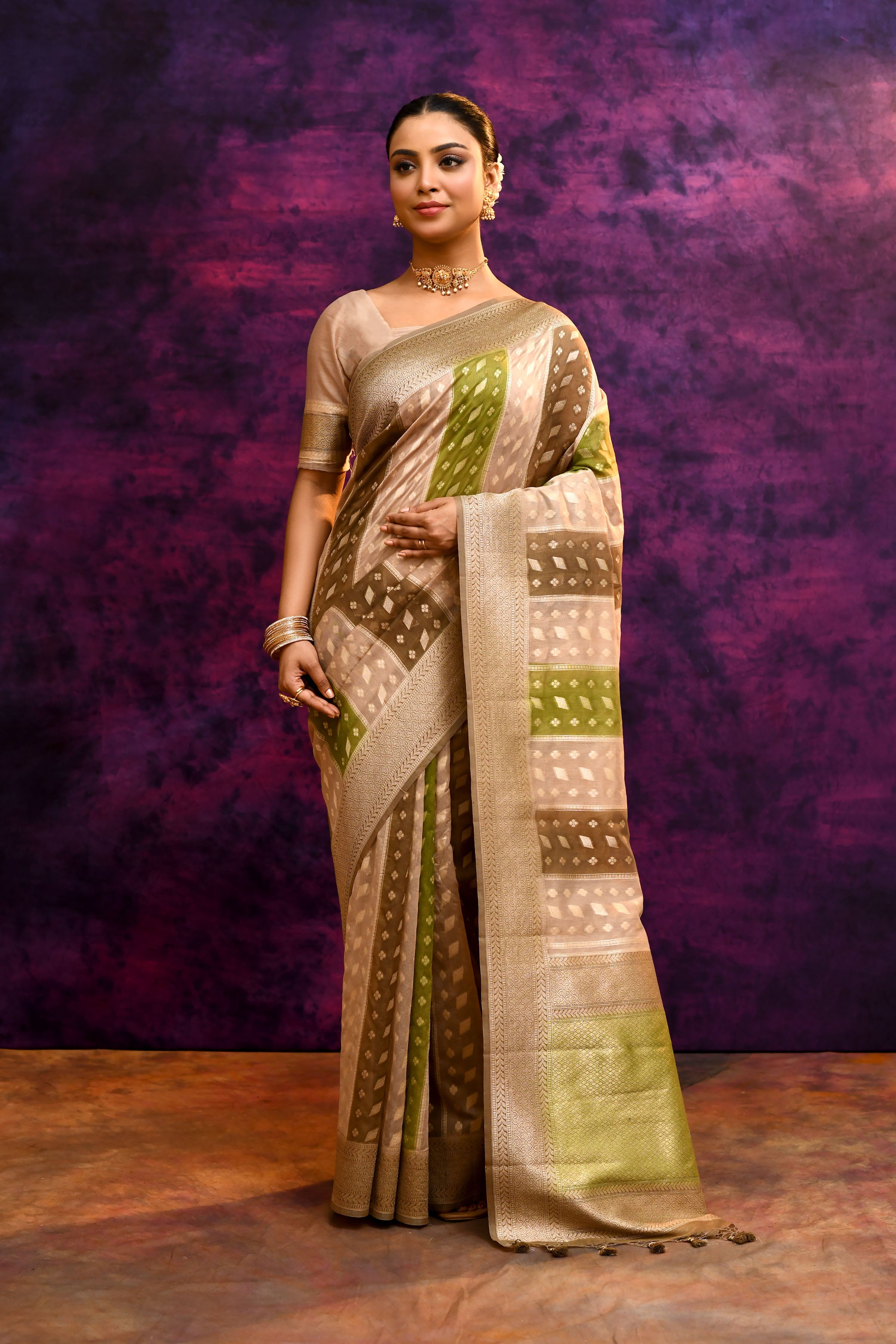 Pure Chanderi Cotton Saree with Woven Buti Motifs – Taupe Beige & Olive Green