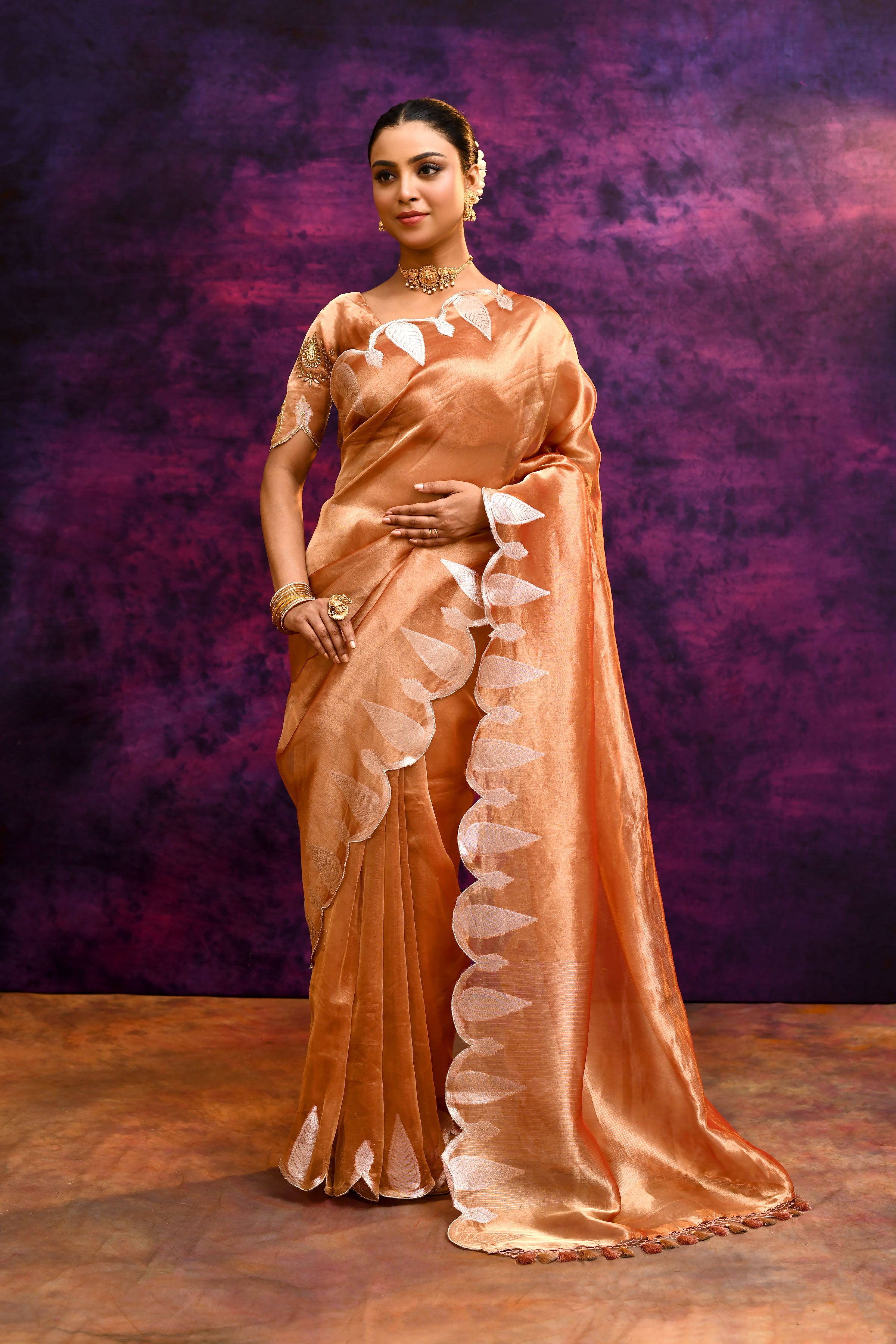 Pure Banarasi Tissue Silk Saree with Leaf Motifs – Rustic Orange