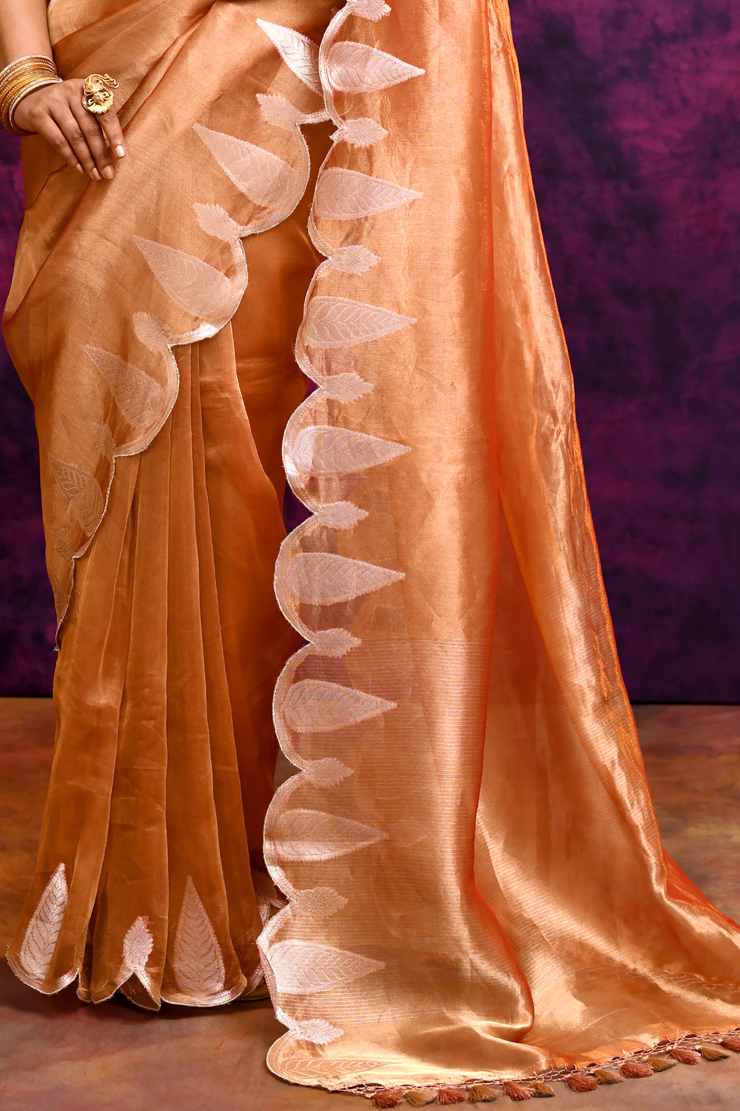 Pure Banarasi Tissue Silk Saree with Leaf Motifs – Rustic Orange