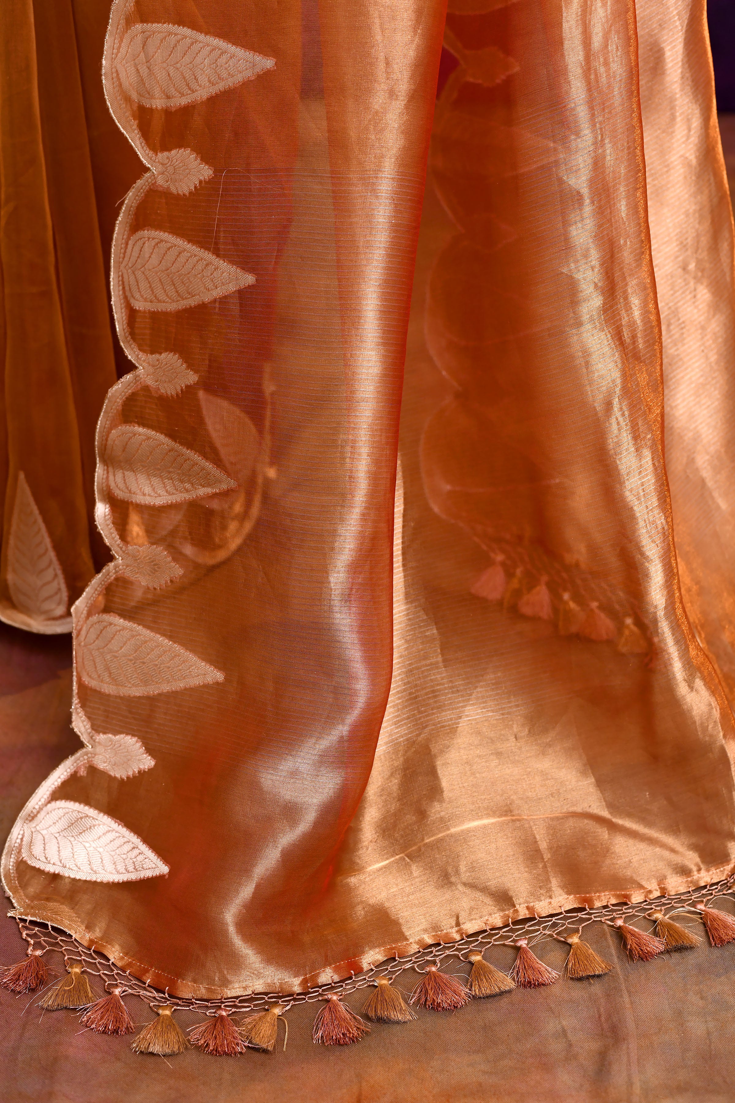 Pure Banarasi Tissue Silk Saree with Leaf Motifs – Rustic Orange