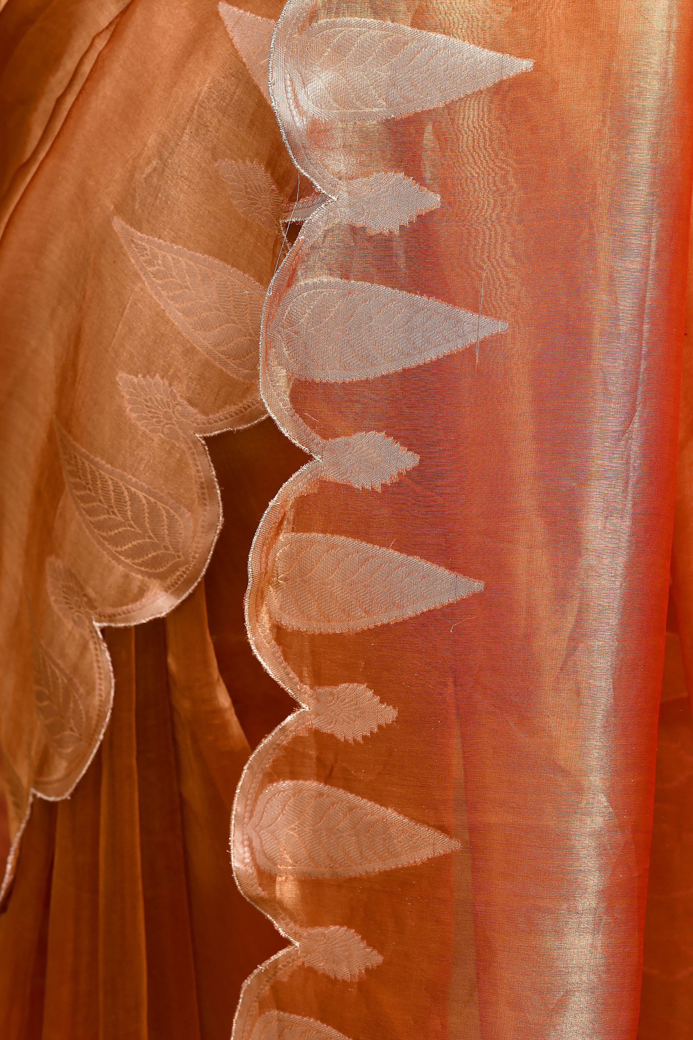 Pure Banarasi Tissue Silk Saree with Leaf Motifs – Rustic Orange