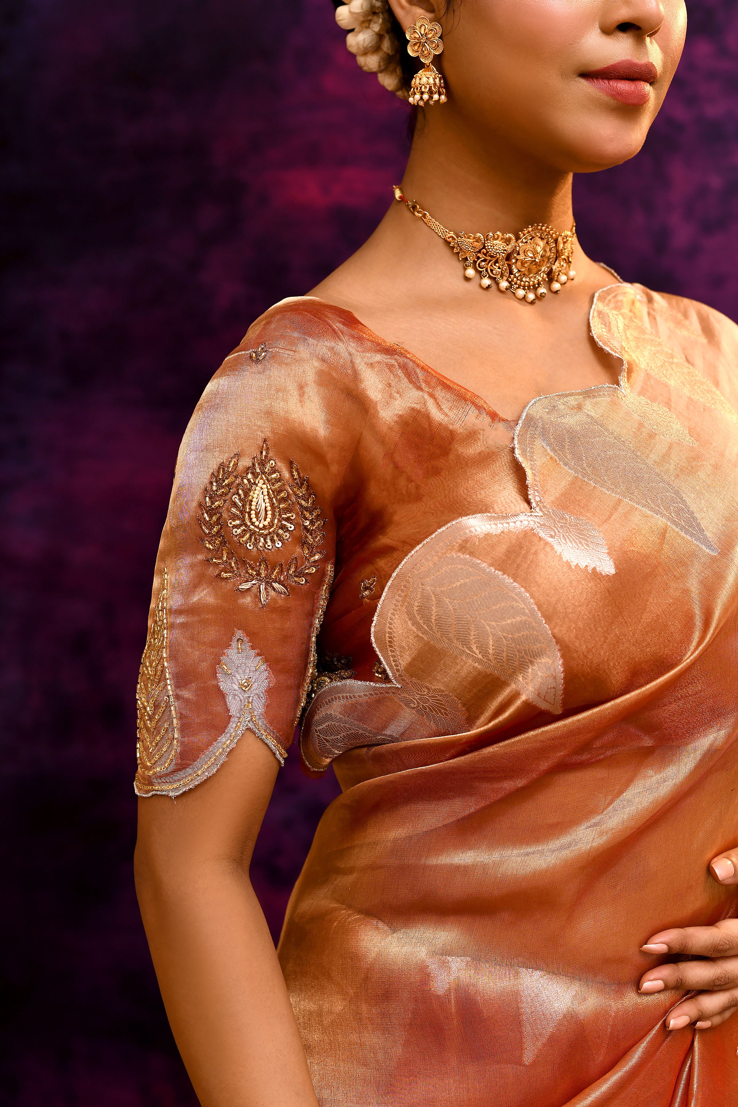 Pure Banarasi Tissue Silk Saree with Leaf Motifs – Rustic Orange