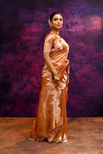 Pure Banarasi Tissue Silk Saree with Leaf Motifs – Rustic Orange