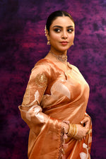 Pure Banarasi Tissue Silk Saree with Leaf Motifs – Rustic Orange