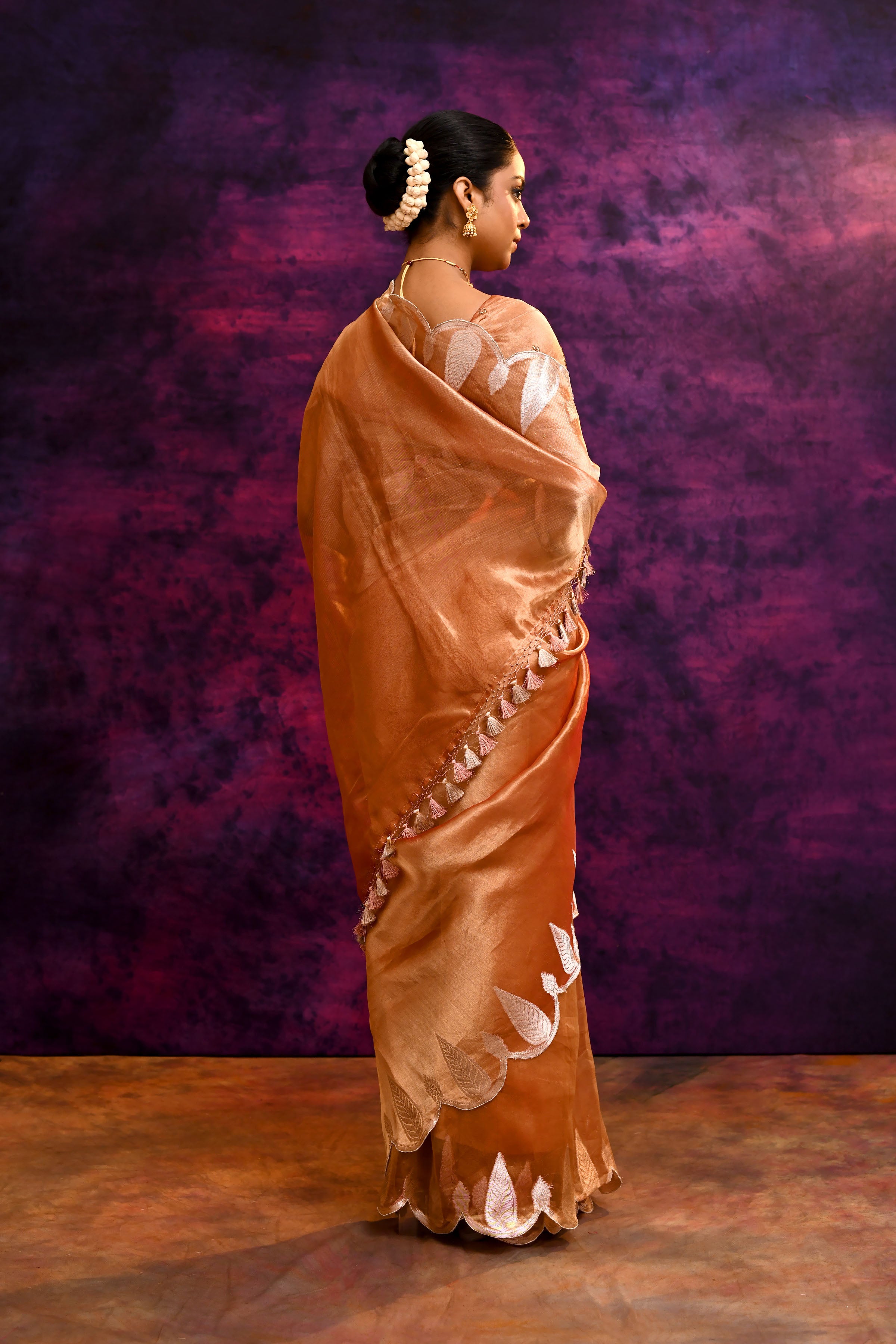 Pure Banarasi Tissue Silk Saree with Leaf Motifs – Rustic Orange
