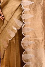 Pure Banarasi Tissue Silk Saree with Zari Leaf Border & Embroidered Blouse – Antique Gold