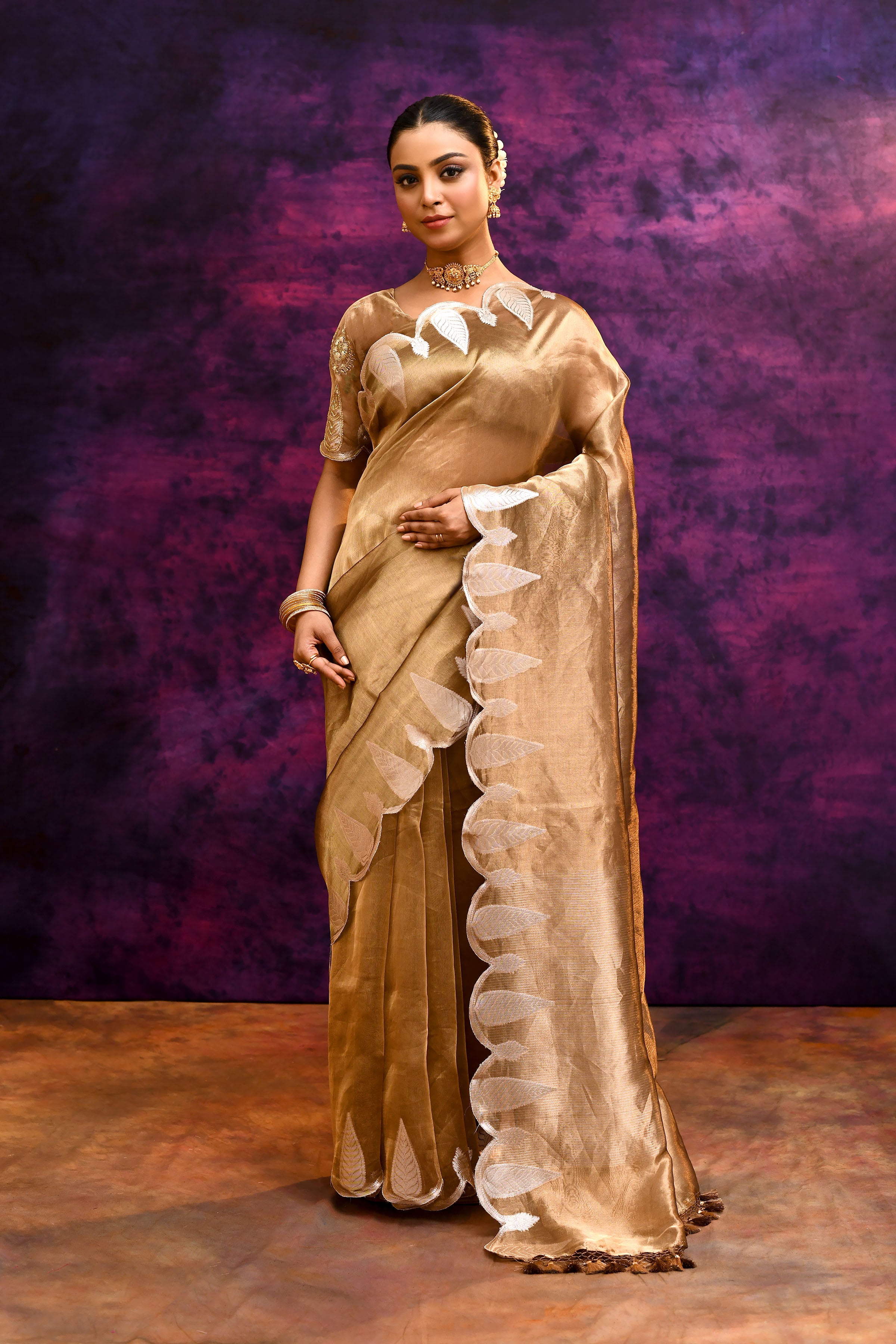 Pure Banarasi Tissue Silk Saree with Zari Leaf Border & Embroidered Blouse – Antique Gold