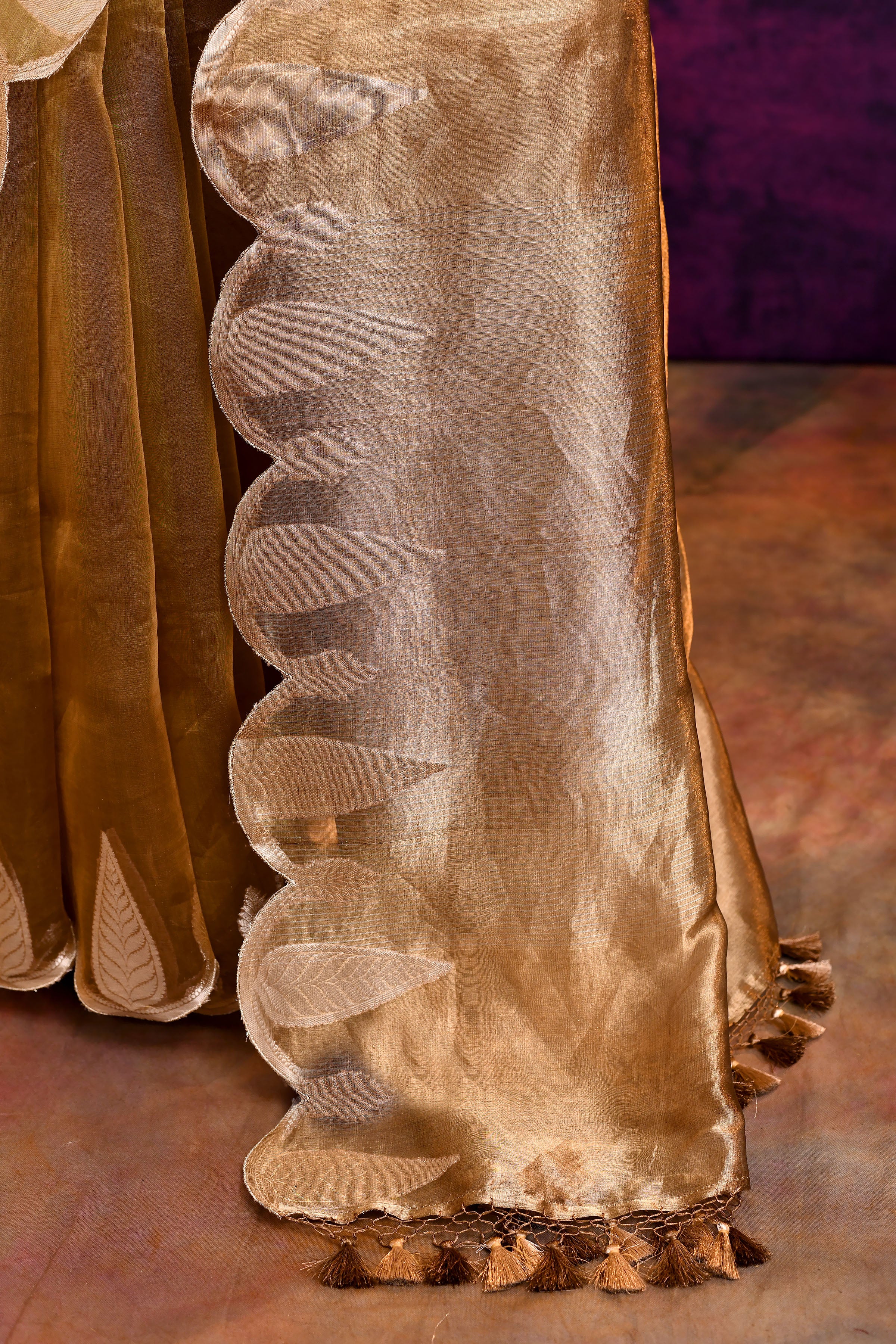 Pure Banarasi Tissue Silk Saree with Zari Leaf Border & Embroidered Blouse – Antique Gold