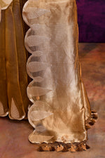 Pure Banarasi Tissue Silk Saree with Zari Leaf Border & Embroidered Blouse – Antique Gold