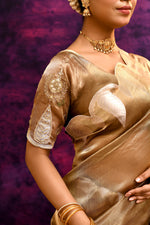 Pure Banarasi Tissue Silk Saree with Zari Leaf Border & Embroidered Blouse – Antique Gold