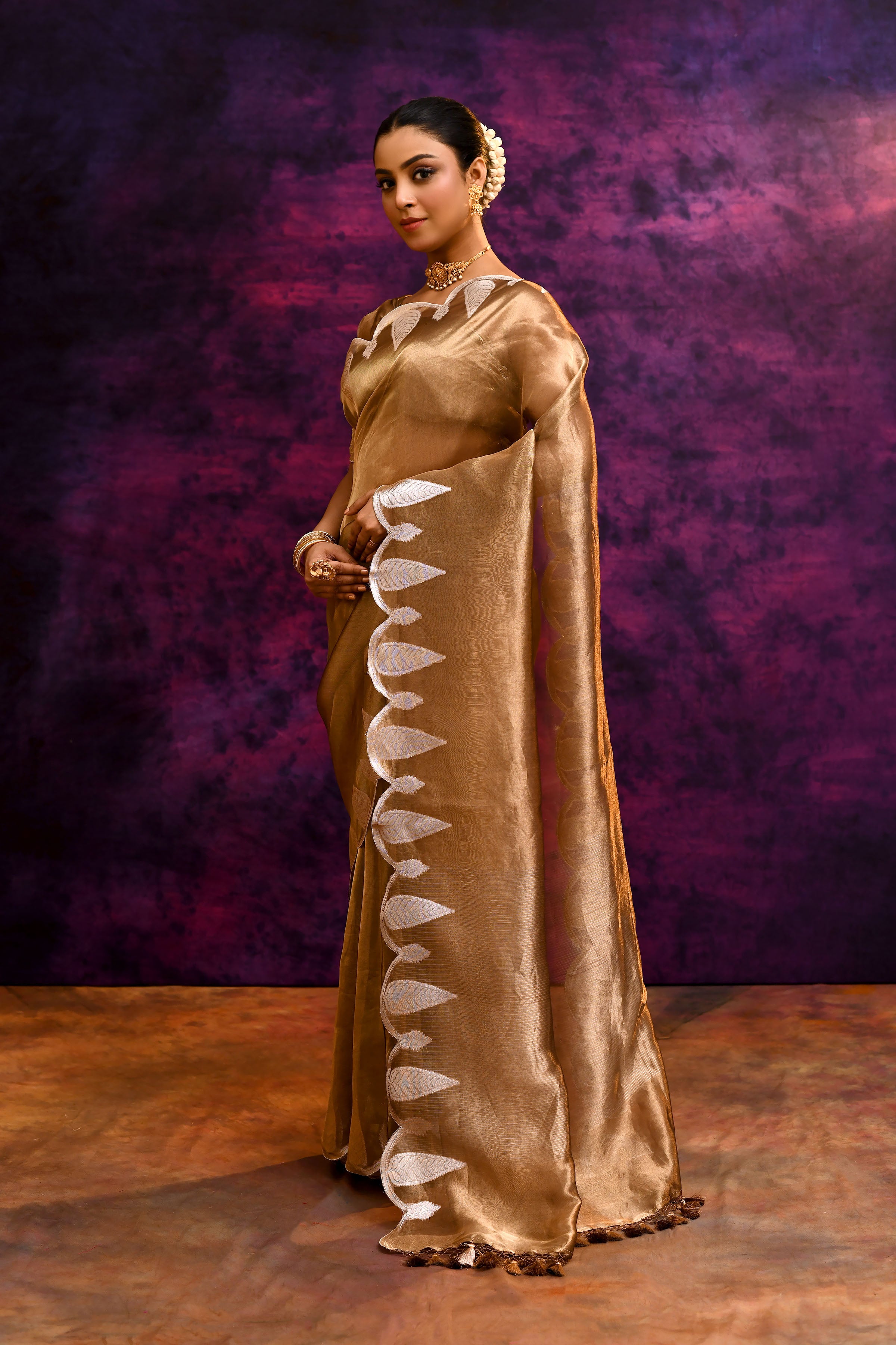 Pure Banarasi Tissue Silk Saree with Zari Leaf Border & Embroidered Blouse – Antique Gold