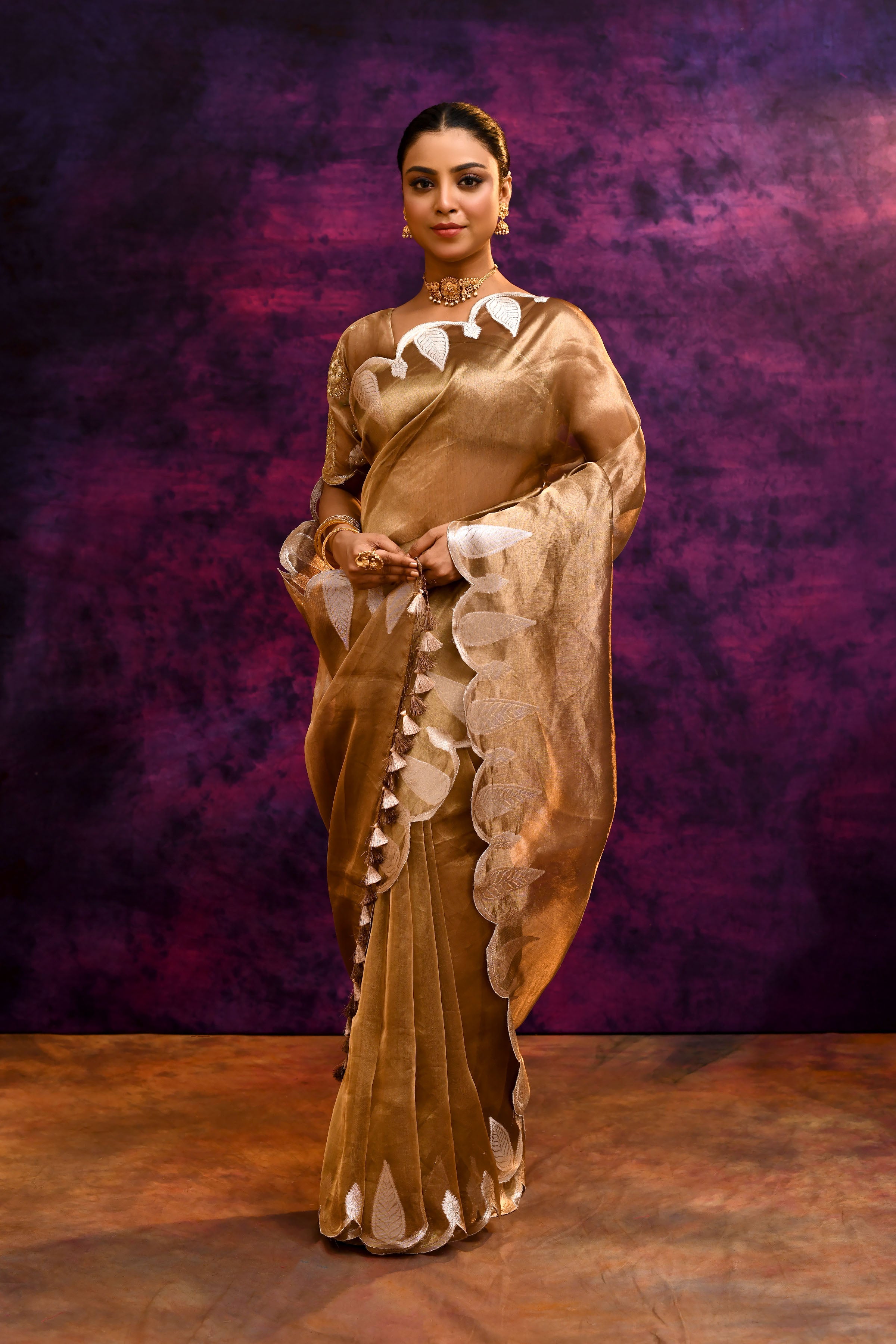 Pure Banarasi Tissue Silk Saree with Zari Leaf Border & Embroidered Blouse – Antique Gold