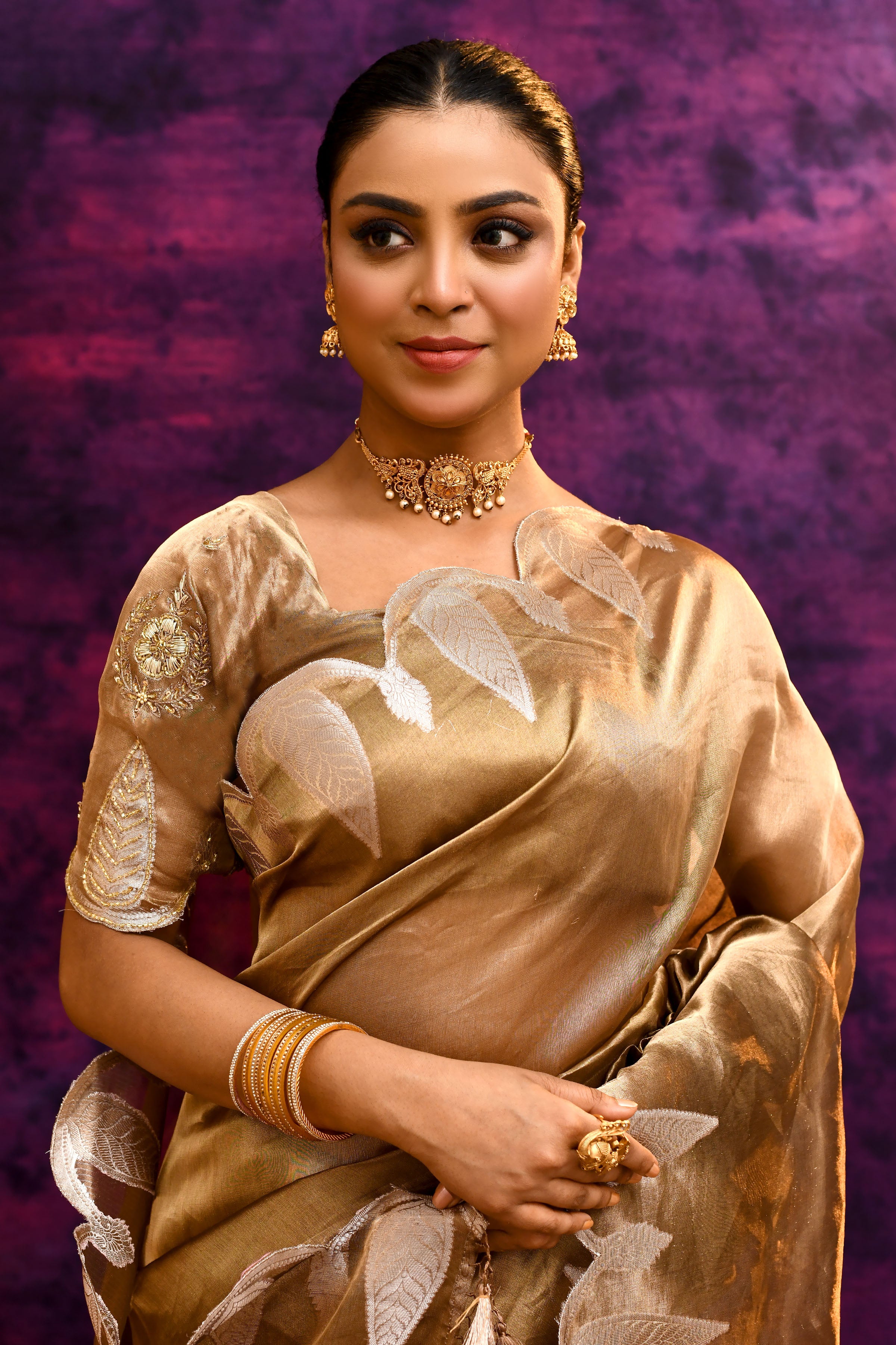 Pure Banarasi Tissue Silk Saree with Zari Leaf Border & Embroidered Blouse – Antique Gold