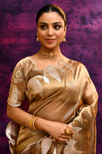 Pure Banarasi Tissue Silk Saree with Zari Leaf Border & Embroidered Blouse – Antique Gold