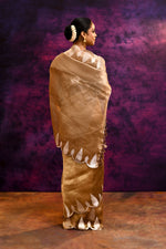 Pure Banarasi Tissue Silk Saree with Zari Leaf Border & Embroidered Blouse – Antique Gold