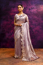 Pure Banarasi Tissue Silk Saree with Woven Leaf Border – Purple Bronze