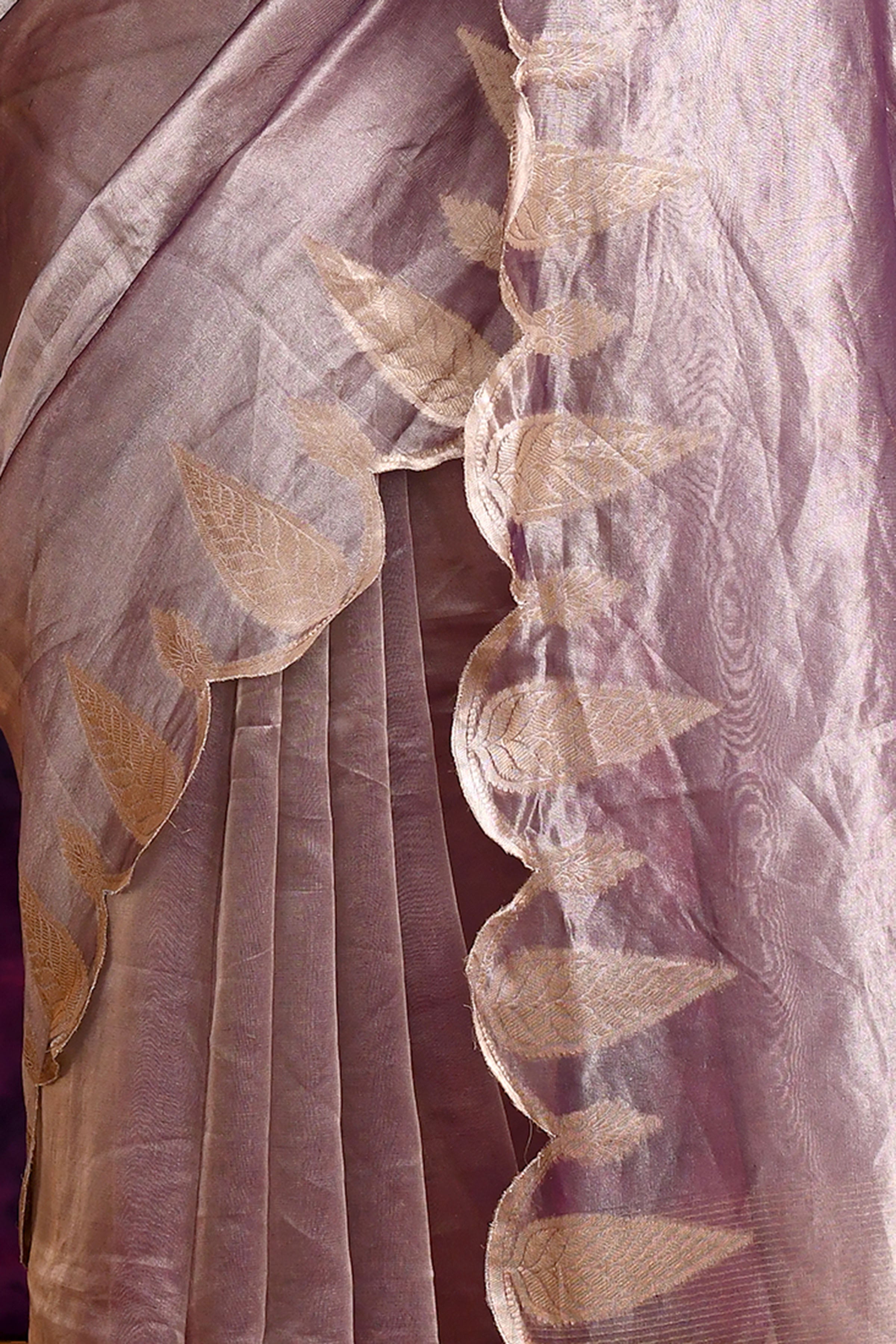 Pure Banarasi Tissue Silk Saree with Woven Leaf Border – Purple Bronze