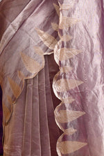 Pure Banarasi Tissue Silk Saree with Woven Leaf Border – Purple Bronze