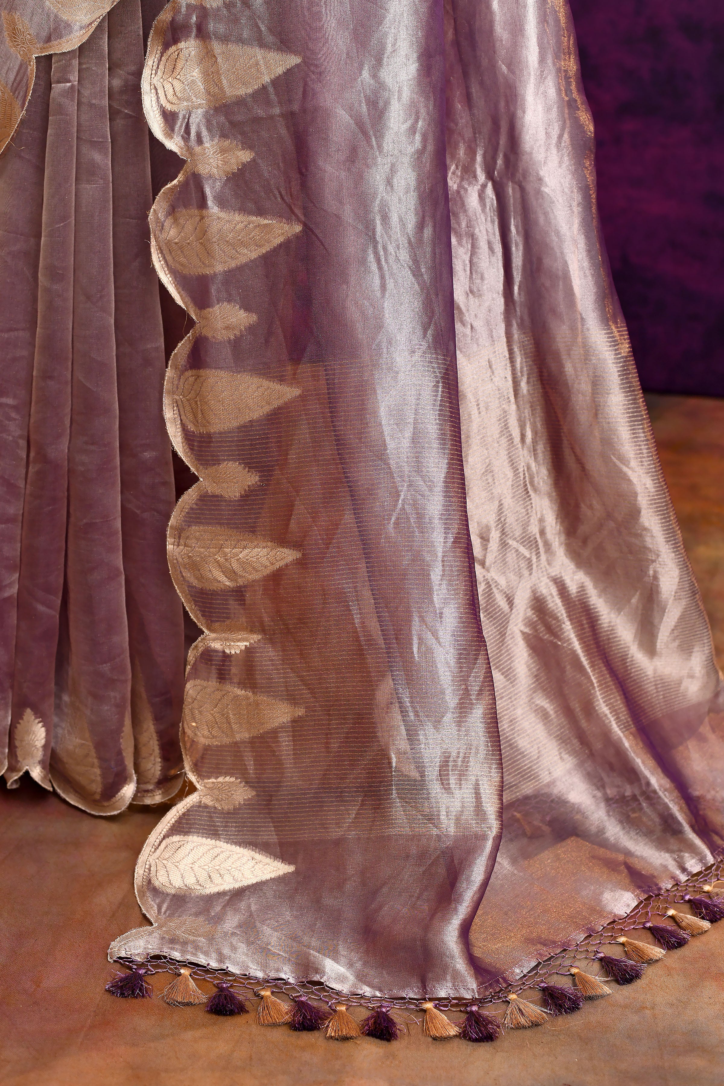 Pure Banarasi Tissue Silk Saree with Woven Leaf Border – Purple Bronze