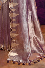 Pure Banarasi Tissue Silk Saree with Woven Leaf Border – Purple Bronze