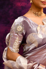 Pure Banarasi Tissue Silk Saree with Woven Leaf Border – Purple Bronze