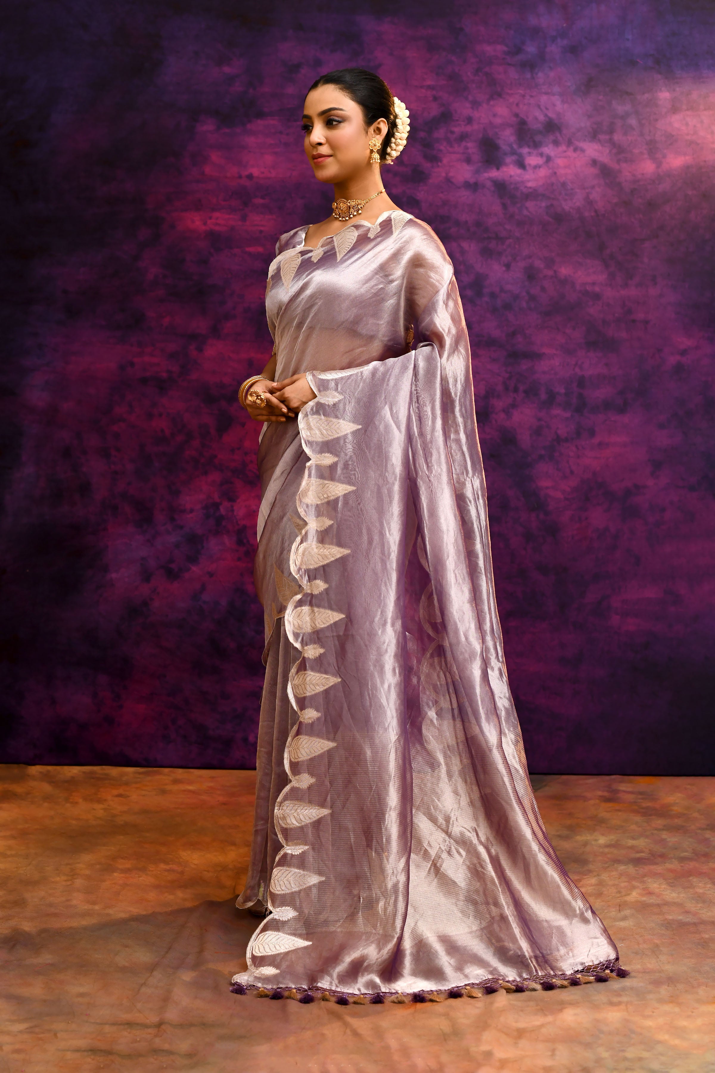 Pure Banarasi Tissue Silk Saree with Woven Leaf Border – Purple Bronze