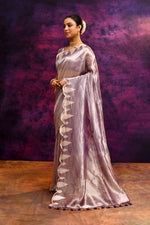 Pure Banarasi Tissue Silk Saree with Woven Leaf Border – Purple Bronze