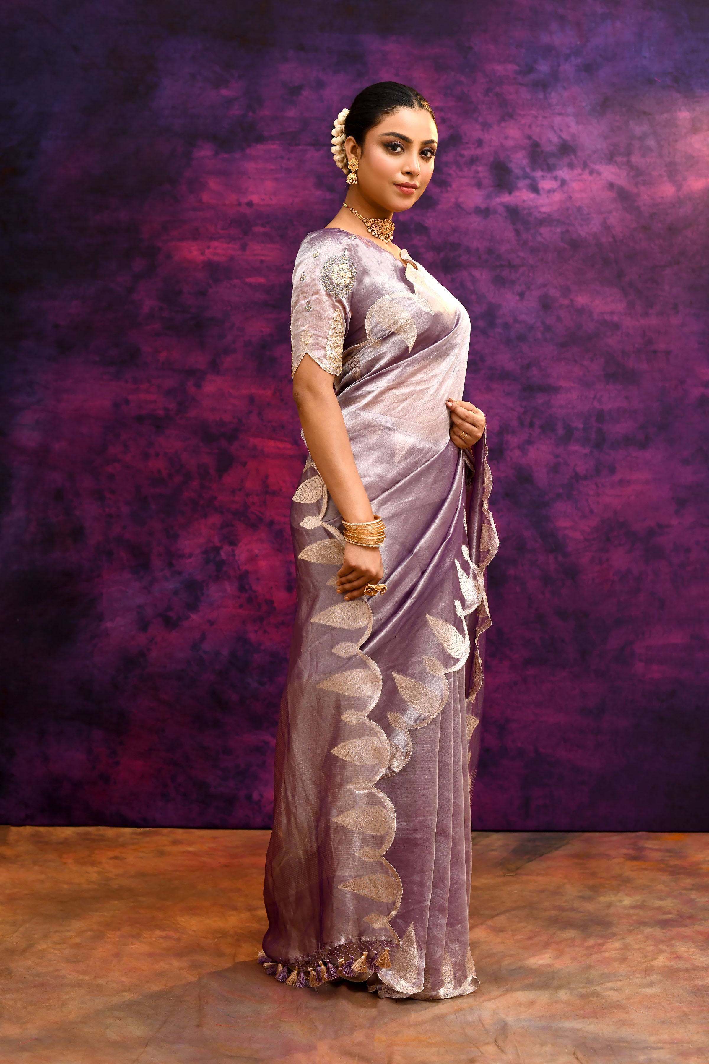 Pure Banarasi Tissue Silk Saree with Woven Leaf Border – Purple Bronze