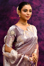 Pure Banarasi Tissue Silk Saree with Woven Leaf Border – Purple Bronze