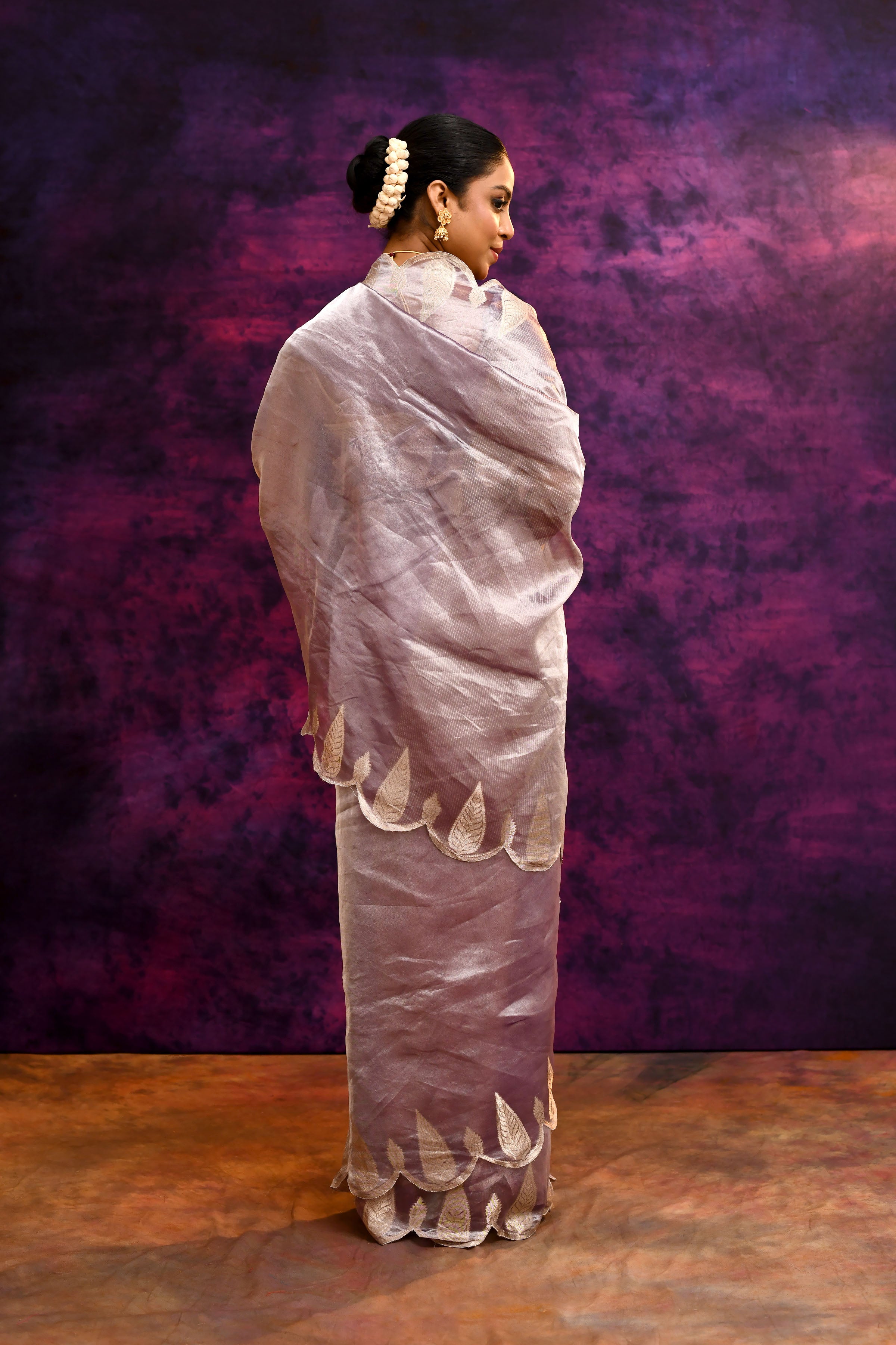 Pure Banarasi Tissue Silk Saree with Woven Leaf Border – Purple Bronze