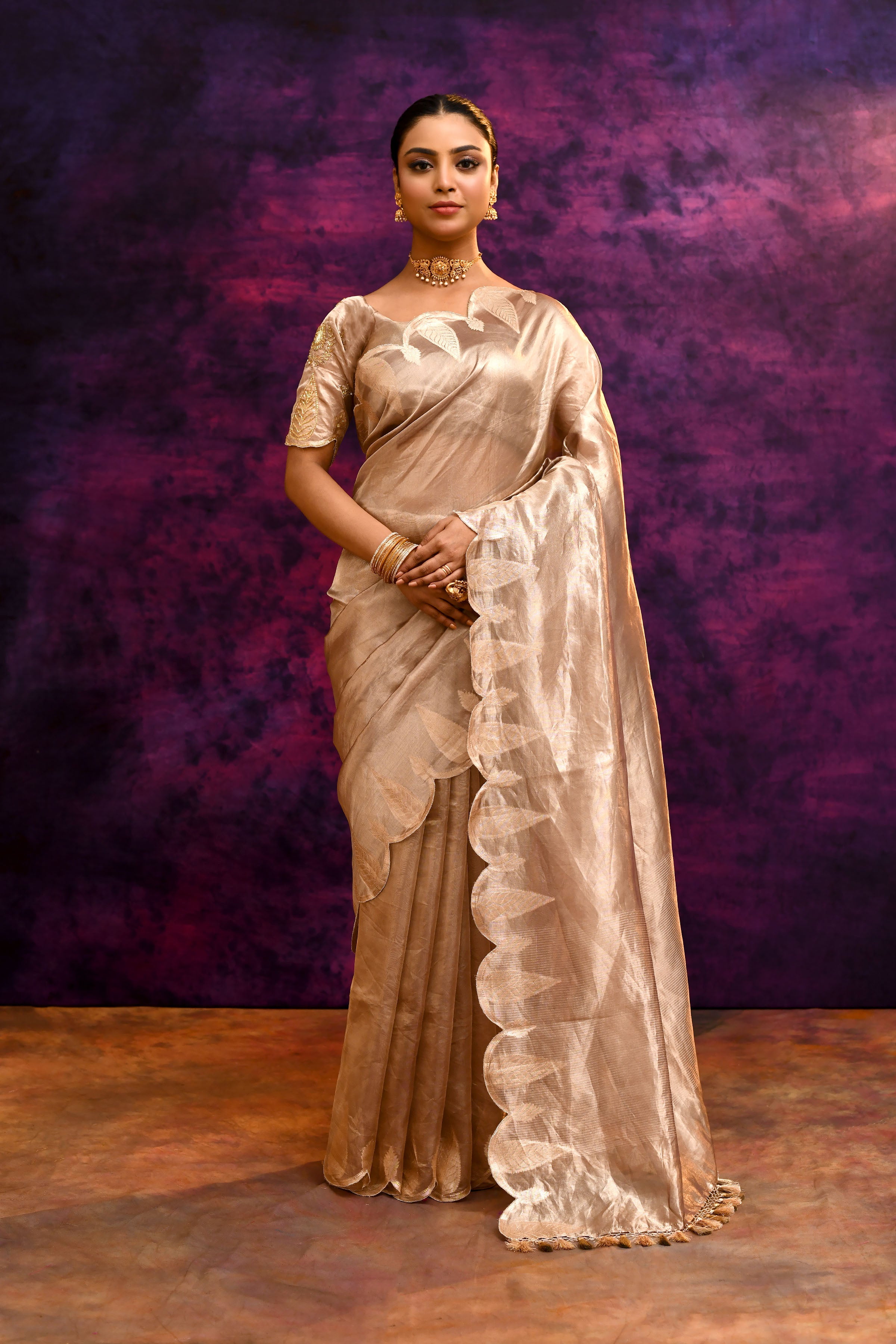 Pure Banarasi Tissue Silk Saree with Zari Leaf Border & Embroidered Blouse – Rose Gold