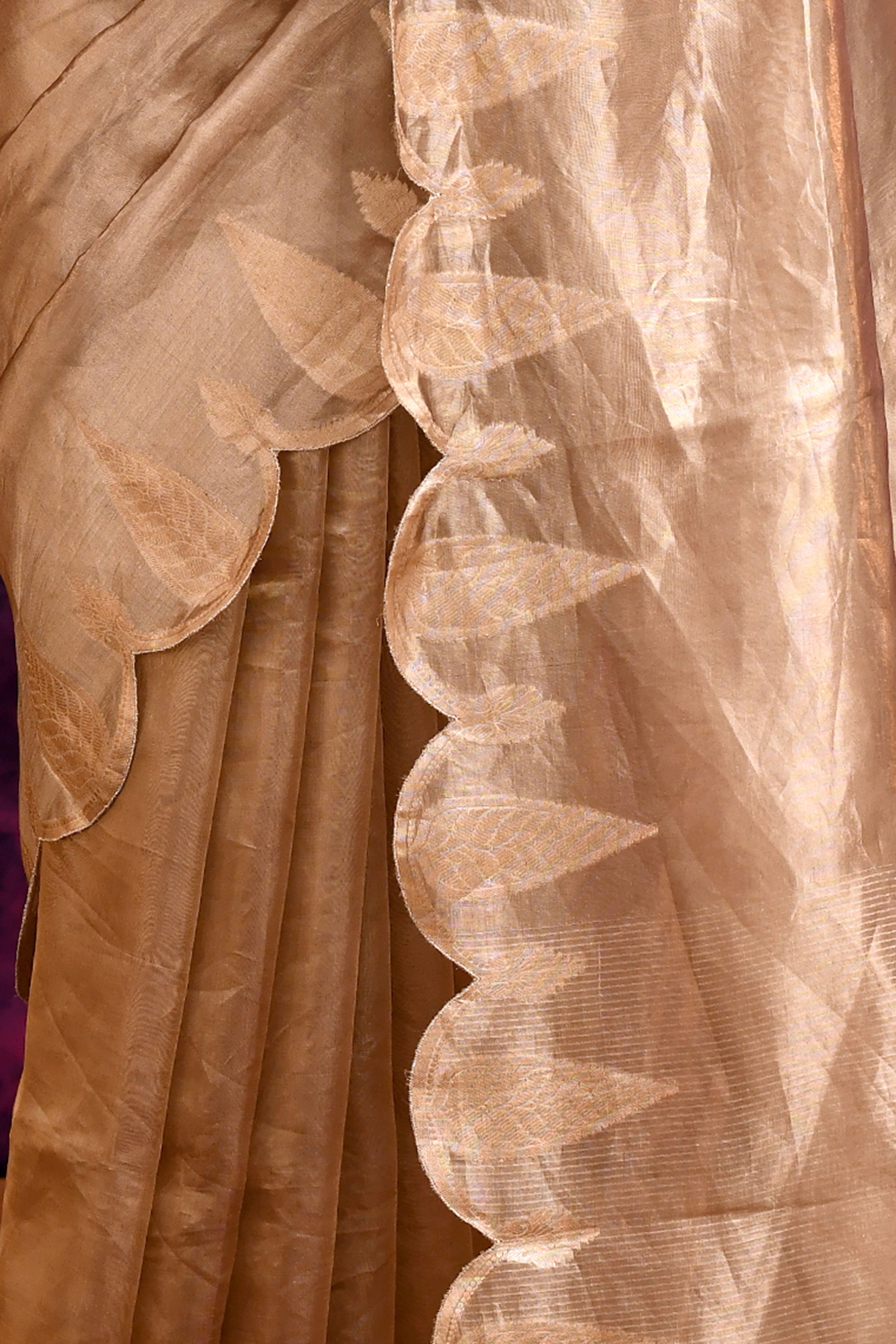 Pure Banarasi Tissue Silk Saree with Zari Leaf Border & Embroidered Blouse – Rose Gold