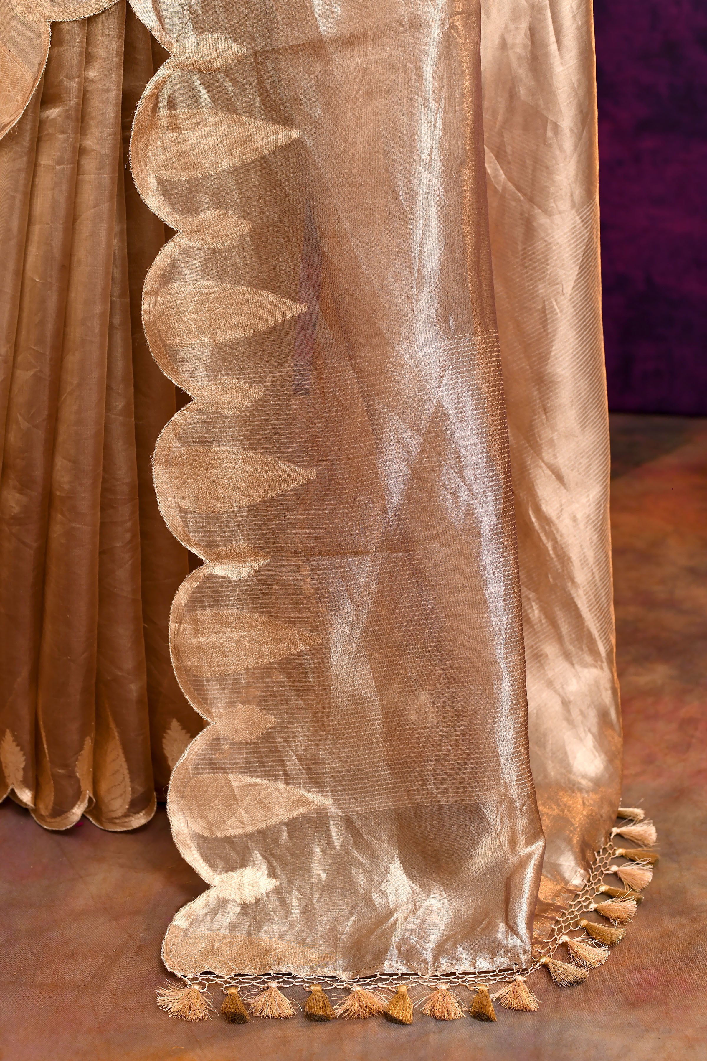 Pure Banarasi Tissue Silk Saree with Zari Leaf Border & Embroidered Blouse – Rose Gold