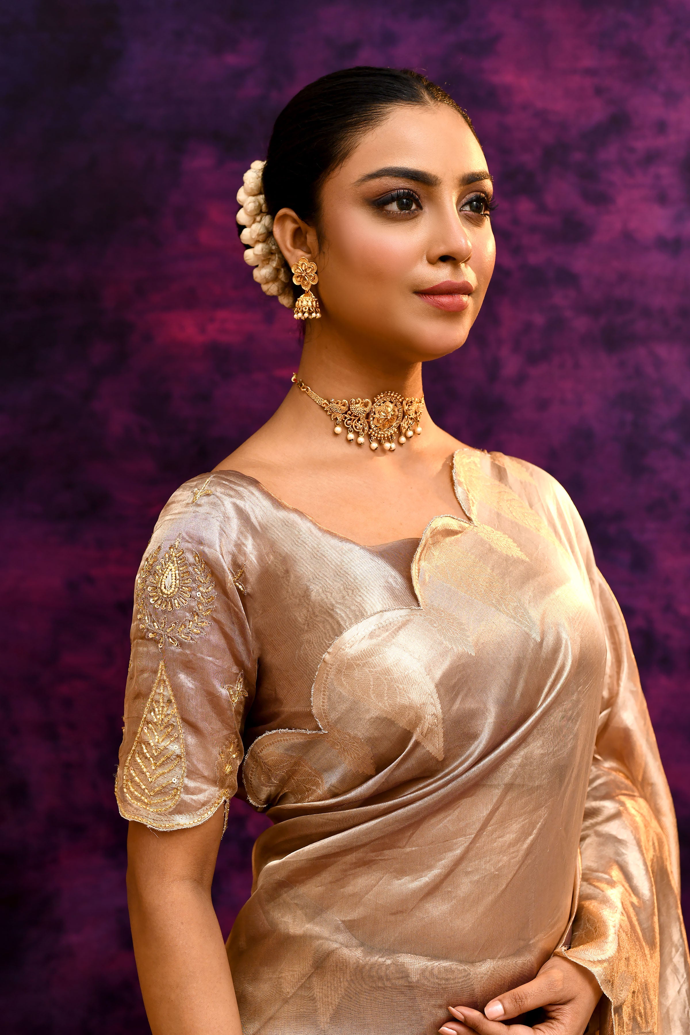 Pure Banarasi Tissue Silk Saree with Zari Leaf Border & Embroidered Blouse – Rose Gold