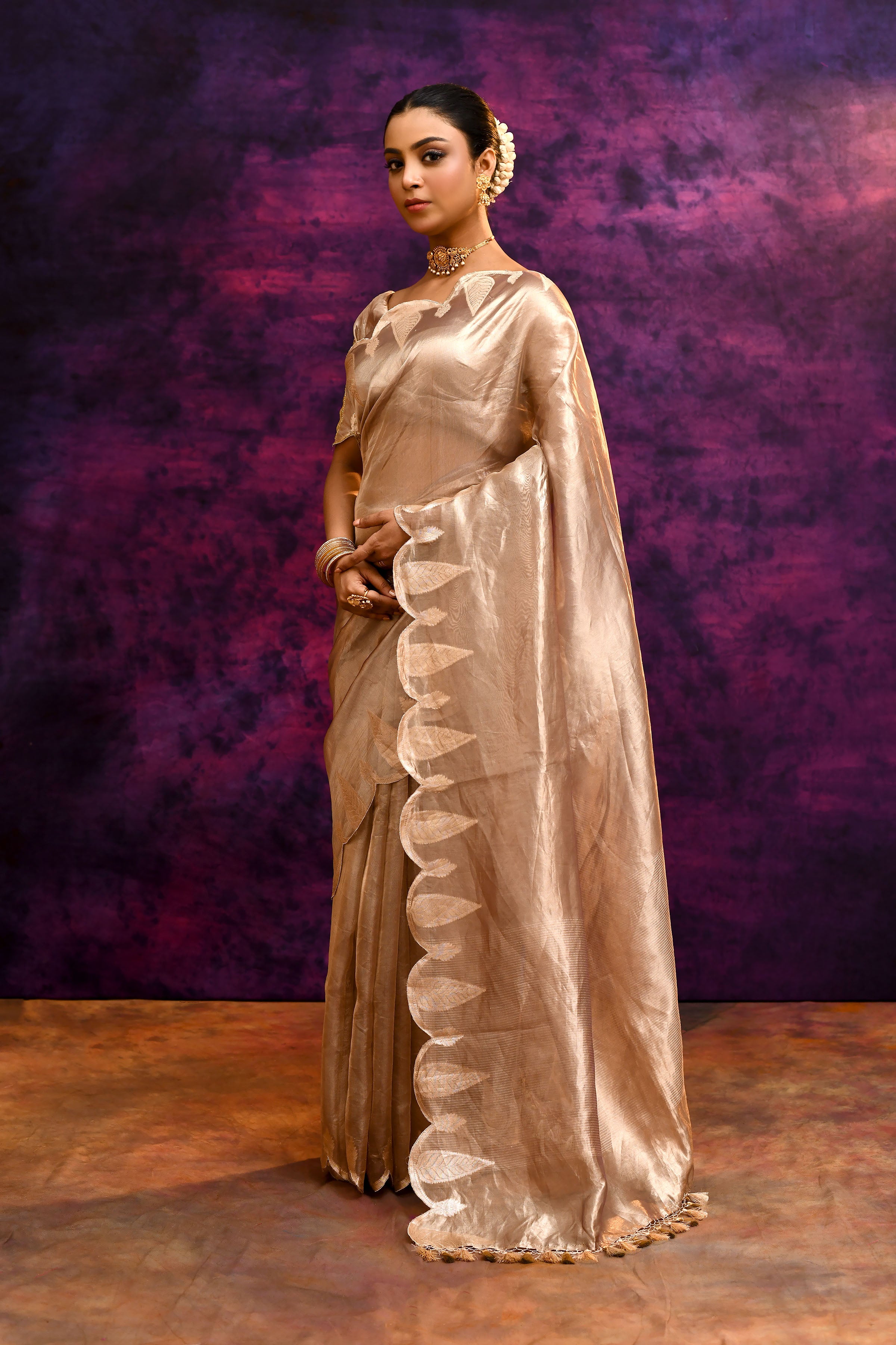 Pure Banarasi Tissue Silk Saree with Zari Leaf Border & Embroidered Blouse – Rose Gold