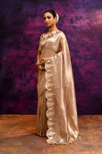 Pure Banarasi Tissue Silk Saree with Zari Leaf Border & Embroidered Blouse – Rose Gold