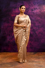 Pure Banarasi Tissue Silk Saree with Zari Leaf Border & Embroidered Blouse – Rose Gold