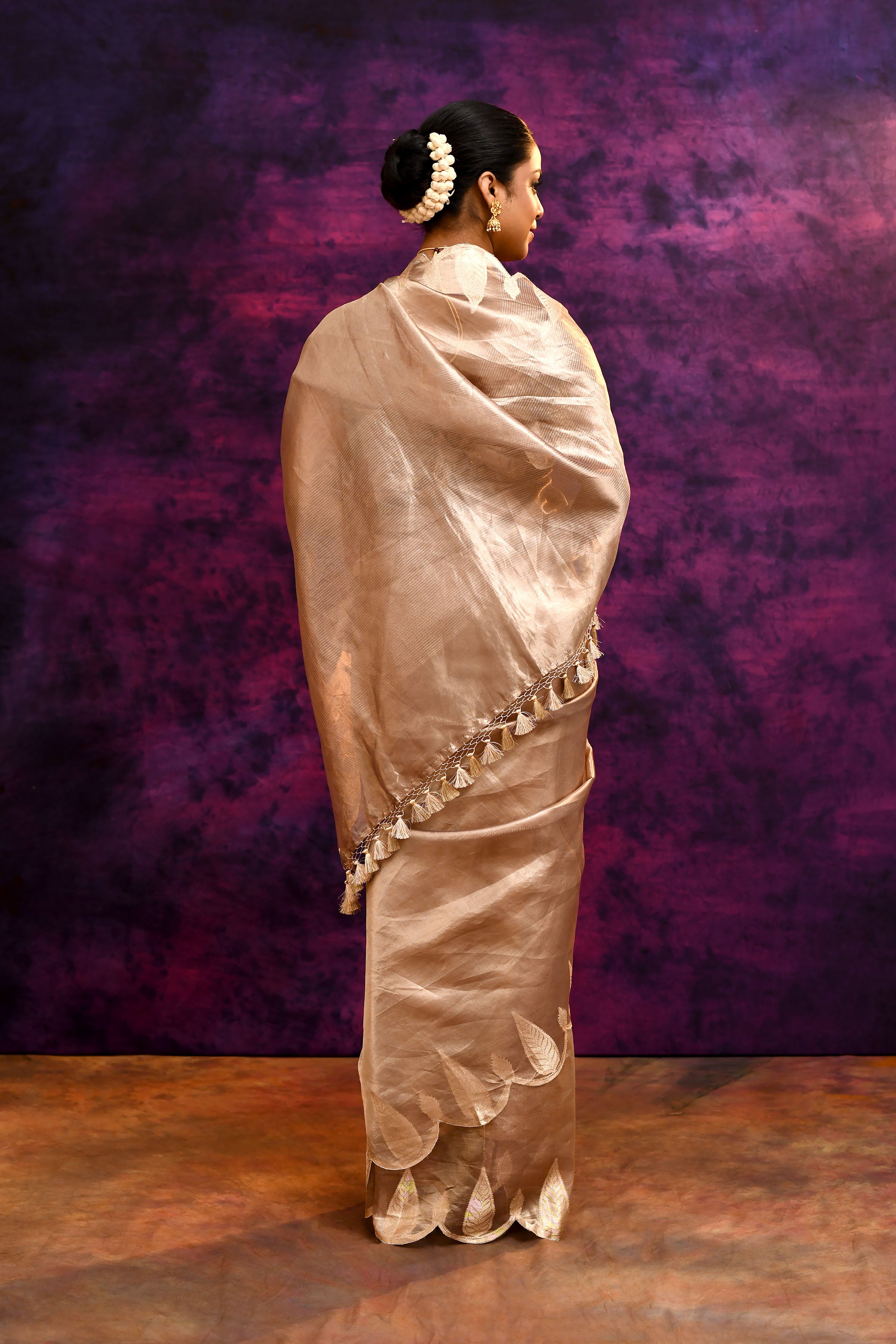 Pure Banarasi Tissue Silk Saree with Zari Leaf Border & Embroidered Blouse – Rose Gold