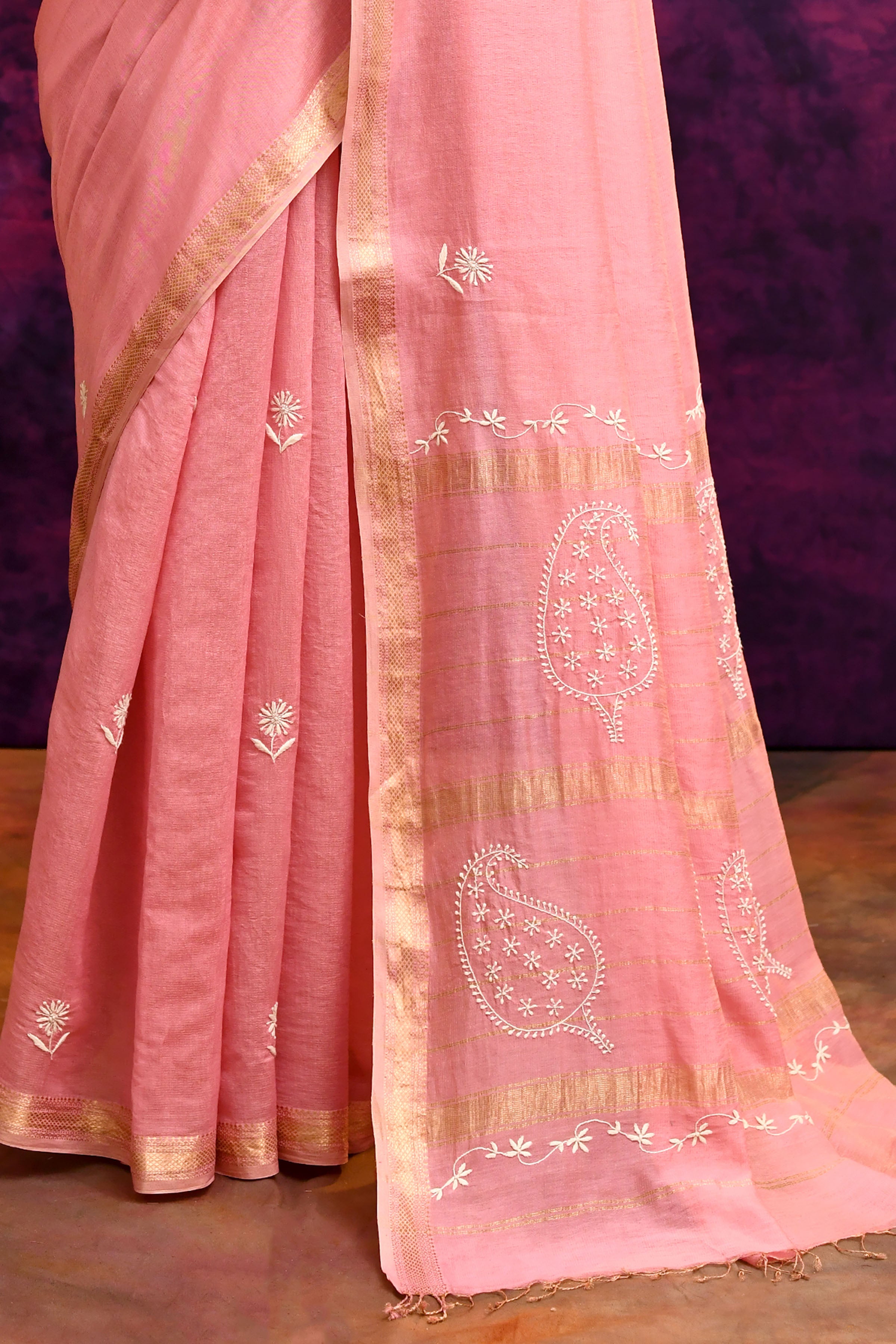 Pure Cotton Saree with Lucknowi Chikankari Embroidery – Blush Pink