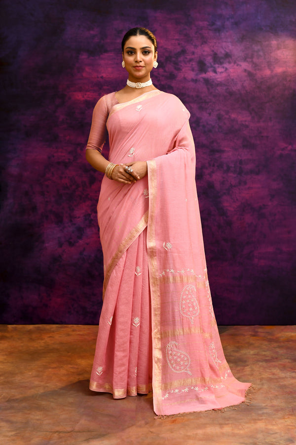 Pure handloom Maheshwari Cotton tissue blend Saree with Lucknowi Chikankari Embroidery – Blush Pink