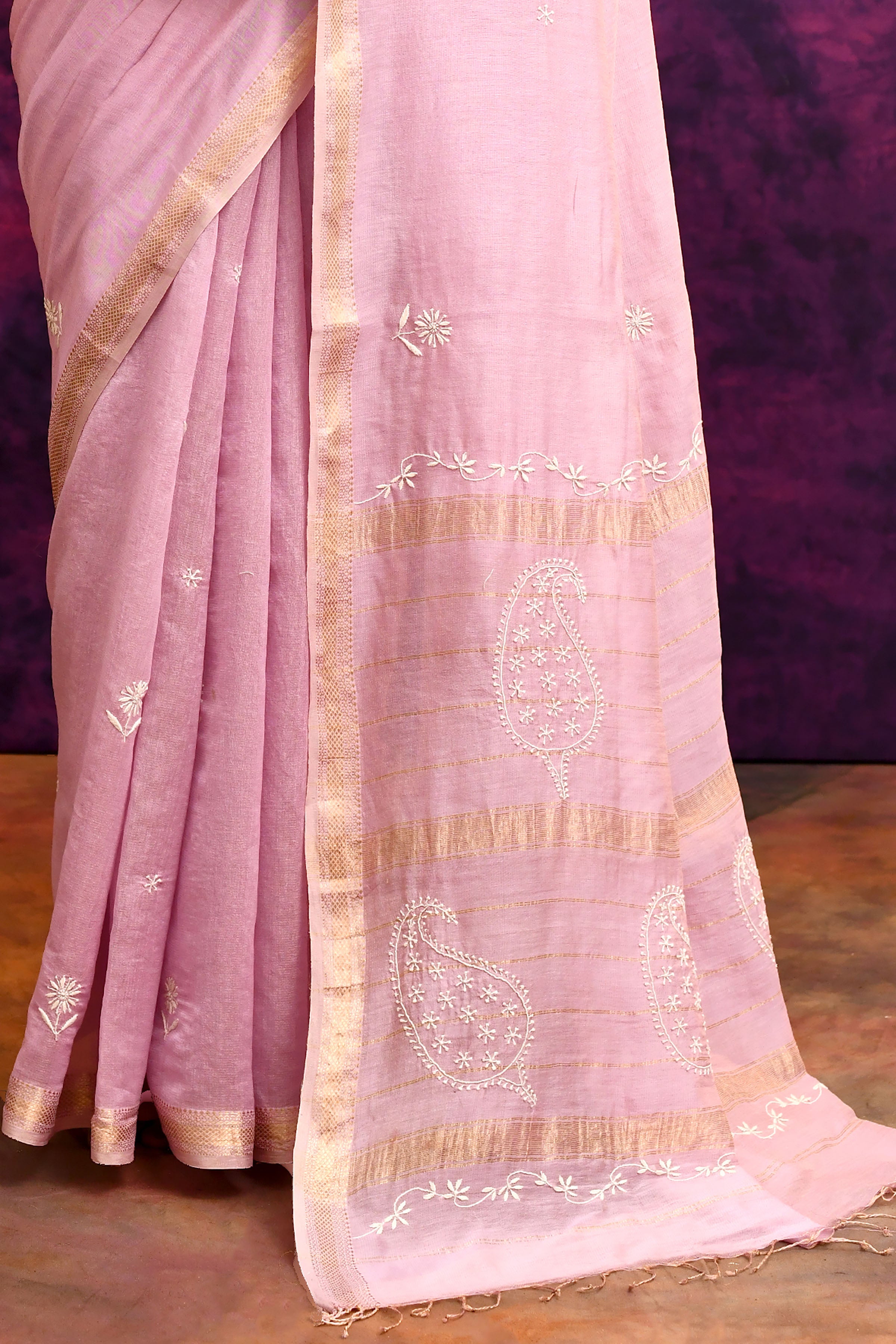 Pure Cotton Saree with Lucknowi Chikankari Embroidery – Dusty Rose Pink