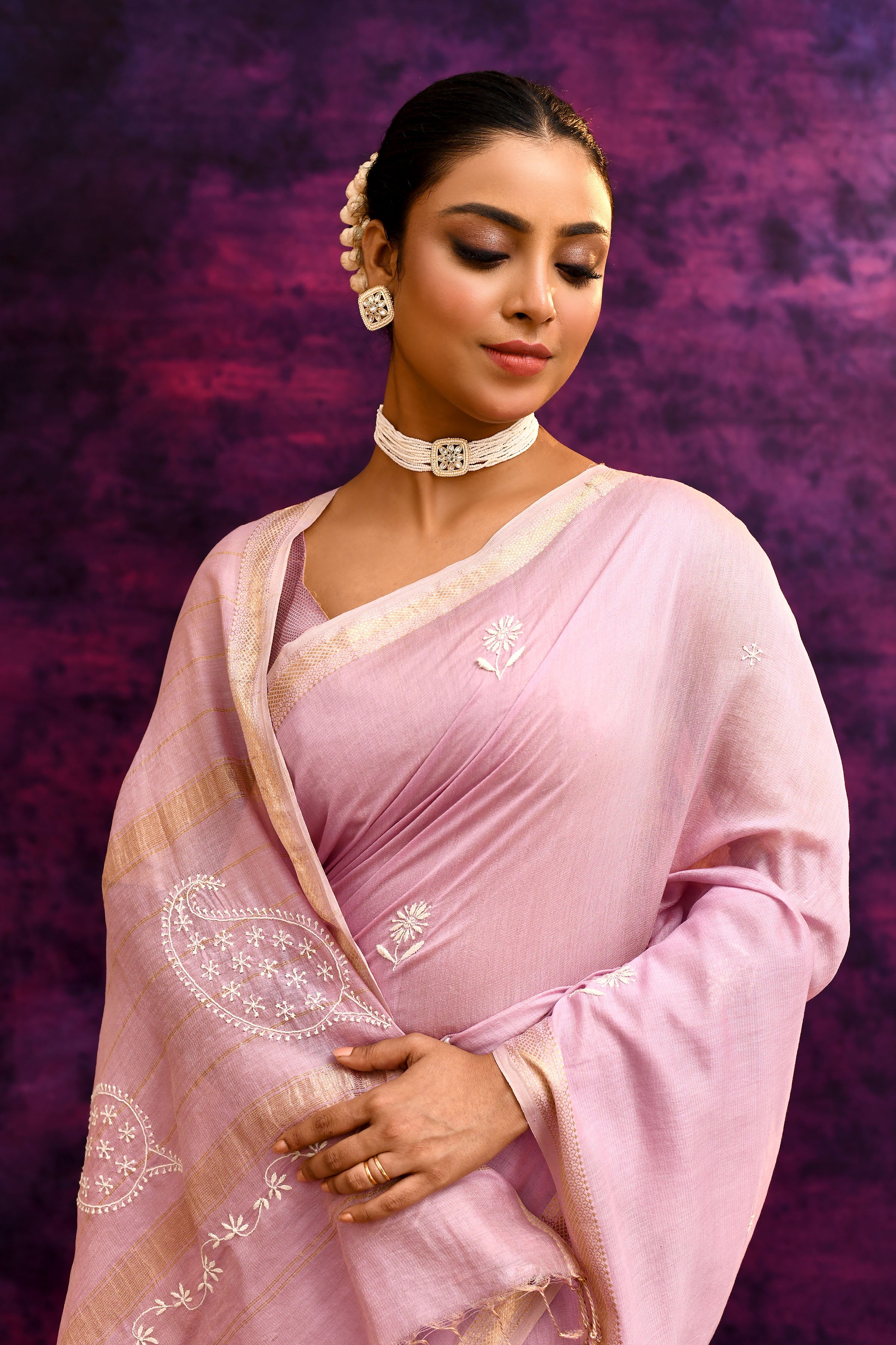 Pure Cotton Saree with Lucknowi Chikankari Embroidery – Dusty Rose Pink