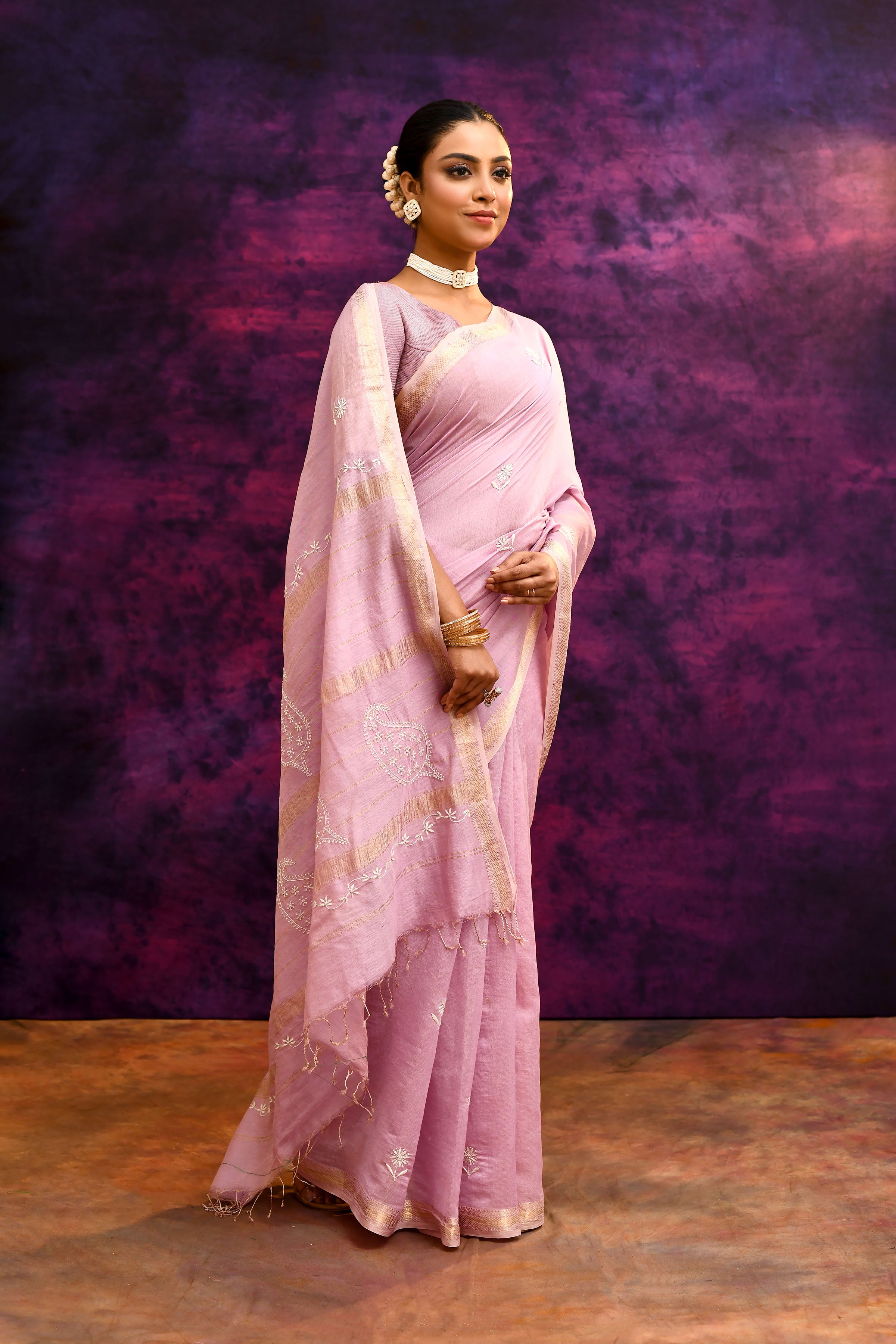 Pure Cotton Saree with Lucknowi Chikankari Embroidery – Dusty Rose Pink